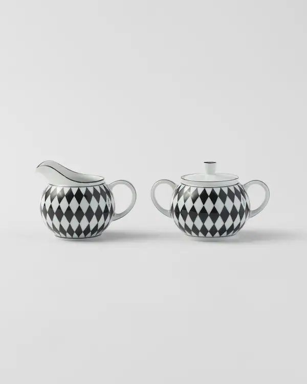 Conjunto de jarra de leite e açucareira de porcelana - Xadrez