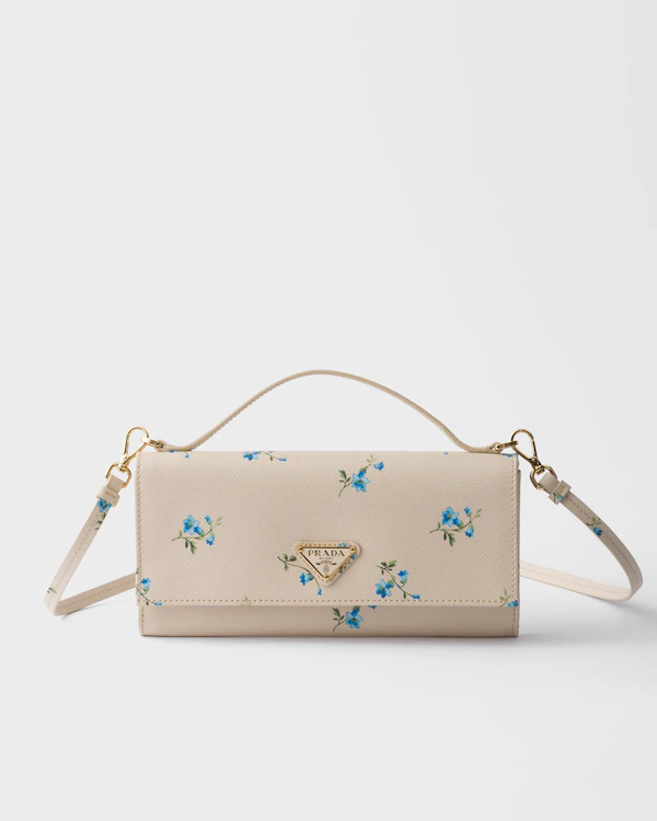 Carteira de couro Saffiano com estampa floral e alça de ombro
