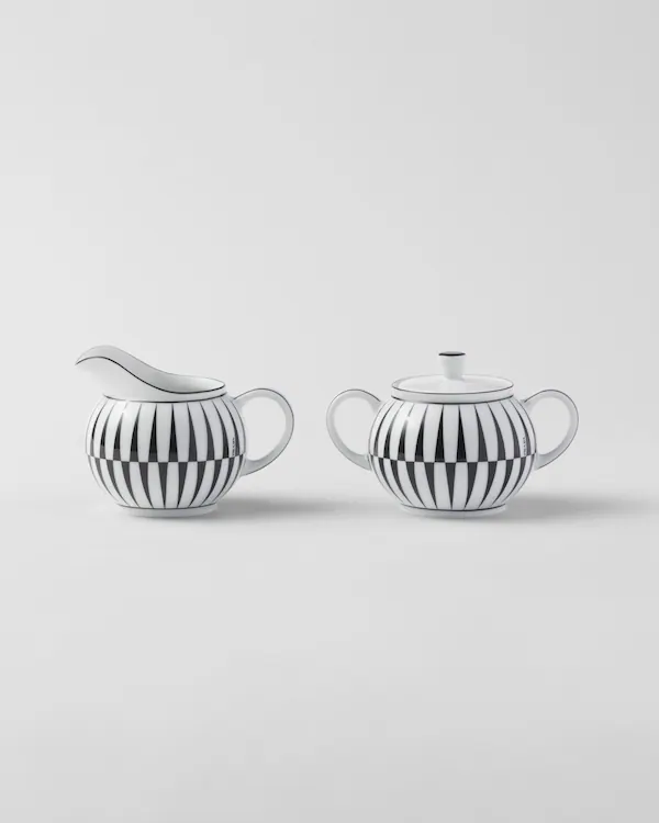 Conjunto de jarra de leite e pote de açúcar em porcelana - Listras